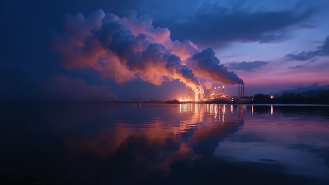 A Captivating Dusk Scene With Industrial Pollution: Smoke Billowing From Tall Stacks Reflects Across a Still Body of Water, Creating a Stunning Contrast of Natural and Man-Made Elements in a Serene Evening Setting