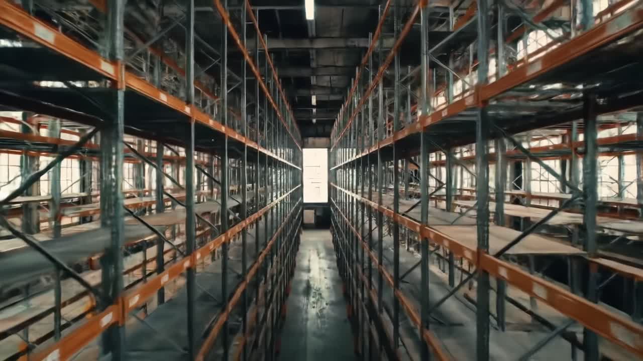 A Captivating View of an Empty Warehouse Aisle Illuminated by Natural Light with Steel Racks Displaying Perfect Rows and Shadows on the Floor