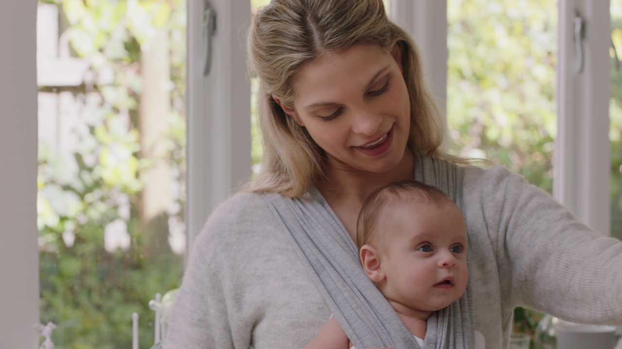 행복한 엄마와 아기가 스마트폰을 사용하여 비디오 채팅하고 엄마는 유아를 안고 소셜 미디어에서 모성 생활 방식을 공유하는 것을 즐기고 있습니다.