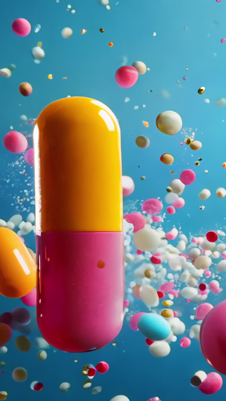 A colorful pill cloud with a blue background. The pill cloud is made up of many different colored pills, including red, yellow, and pink