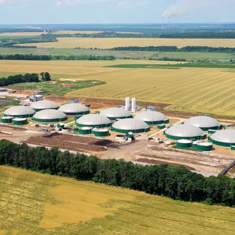 Aerial view on the modern bio gas station or factory. Bio gas plant. Sustainable production. Ecological production concept