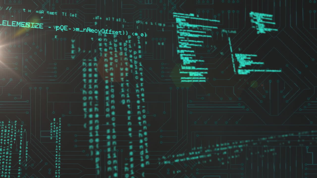 Digital animation of computer language moving against electronic circuit board patterns