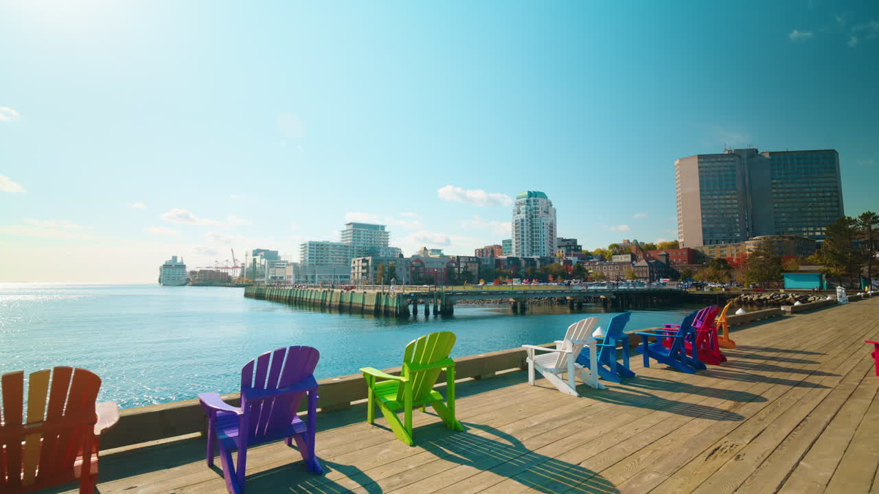 Panoramic view of the harbor district in Halifax, Nova Scotia, Canada. View of the colorful benches overlooking the ocean.