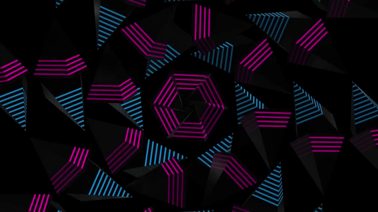 Piramidi geometriche astratte con linee al neon luminose che ruotano in un motivo caleidoscopico