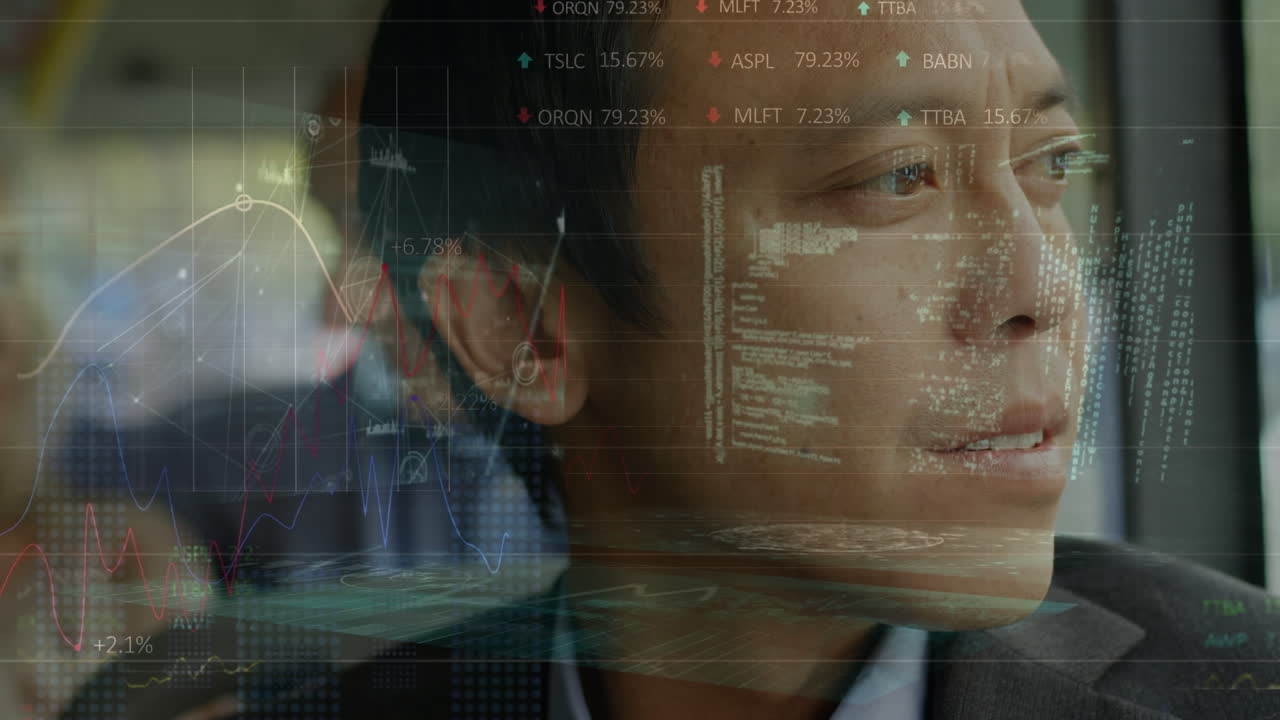 Animation of data processing over asian businessman in bus