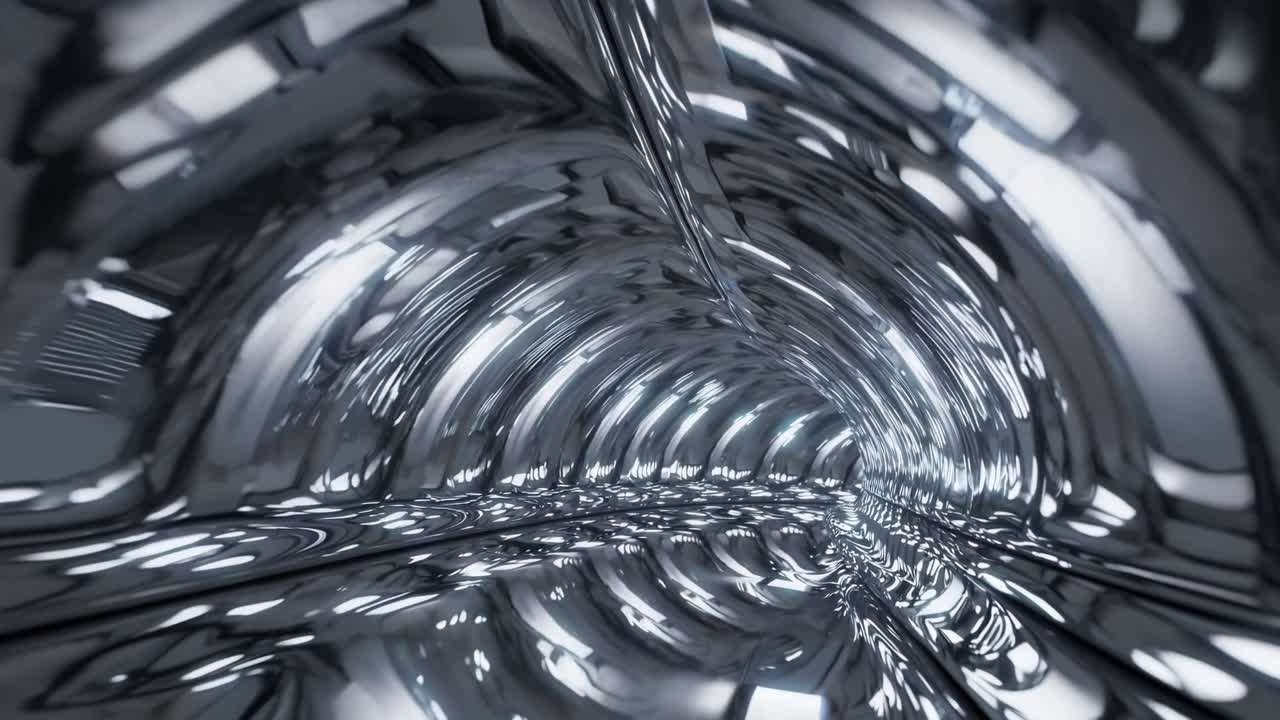 Reflective metallic tunnel showcasing a dynamic flow of light and texture, creating a mesmerizing visual journey through a continuous, twisting passageway