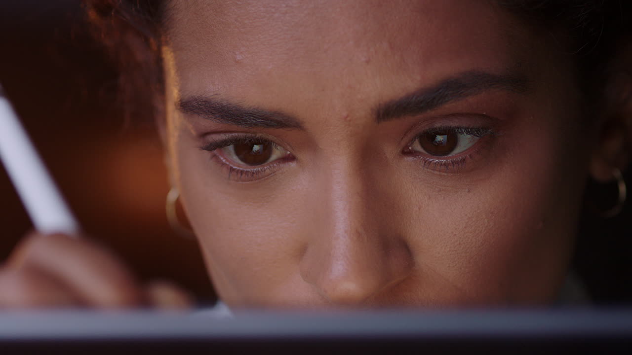 close up portrait beautiful business woman using tablet computer drawing on screen graphic designer working late sketching design artist with stylus pen