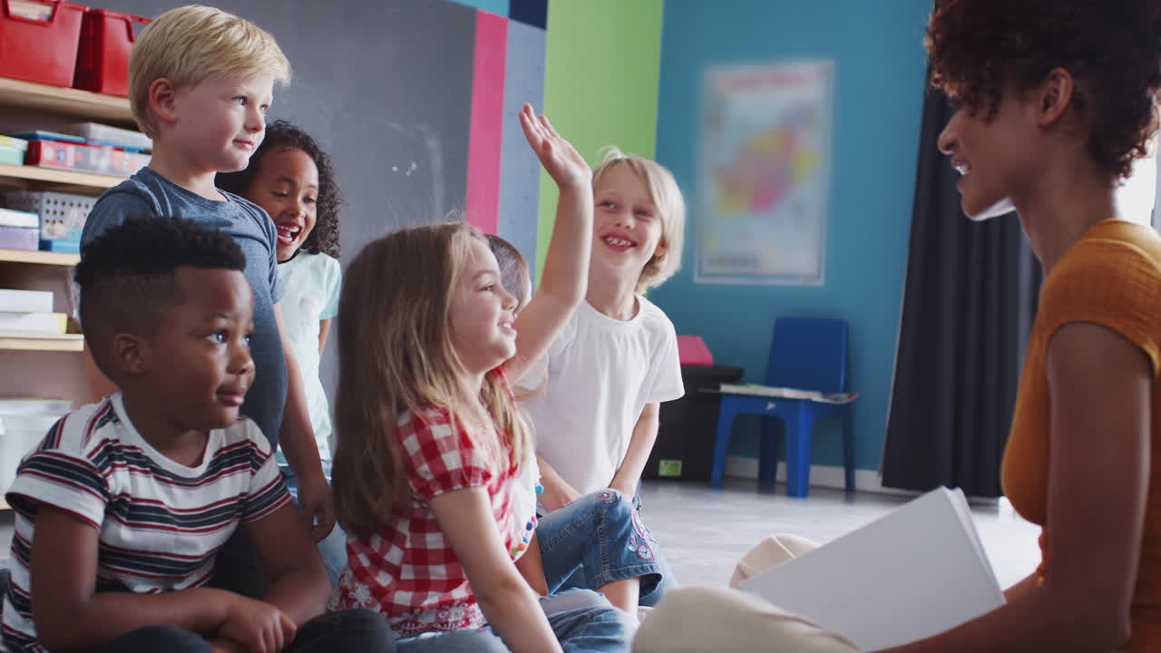 Elementary Pupils Raising Hands To Answer Question As Female Teacher Reads Story In Classroom