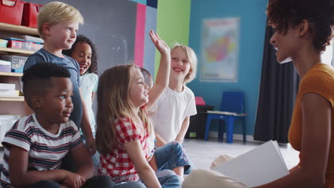 elementary pupils raising hands to answer question as female teacher reads story in classroom