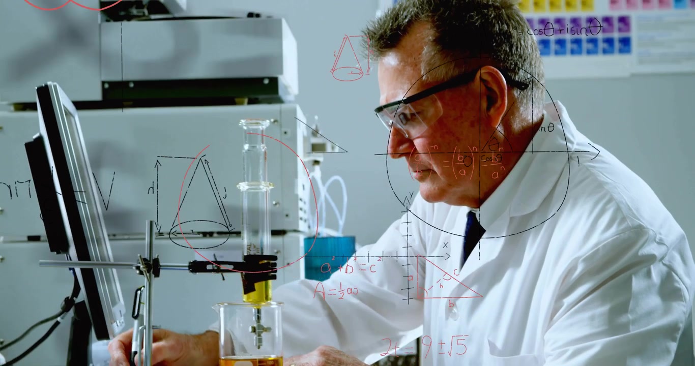 Científico senior girando la llave de una bureta y goteando una solución para el registro de investigación química.