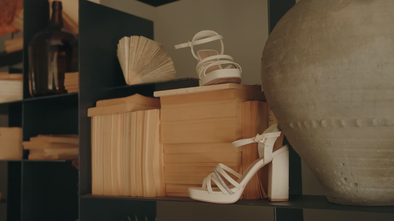 Elegant white high heel wedding shoes arranged on stacked books and minimalist interior shelf