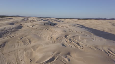 people walking across sand dunes in newcastle, australia, low aerial follow