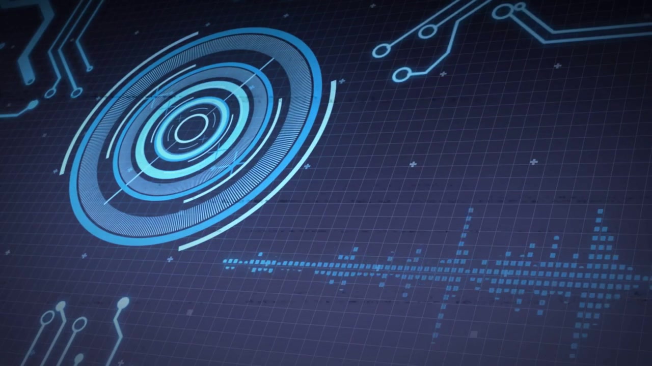 Glitch bands sweeping, ring HUD rotating and lighting, waveform pulsing, revealing dashboard demo