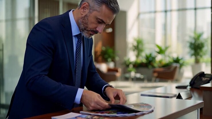 A businessman in a navy suit examines brochures at a reception desk in a bright corporate lobby