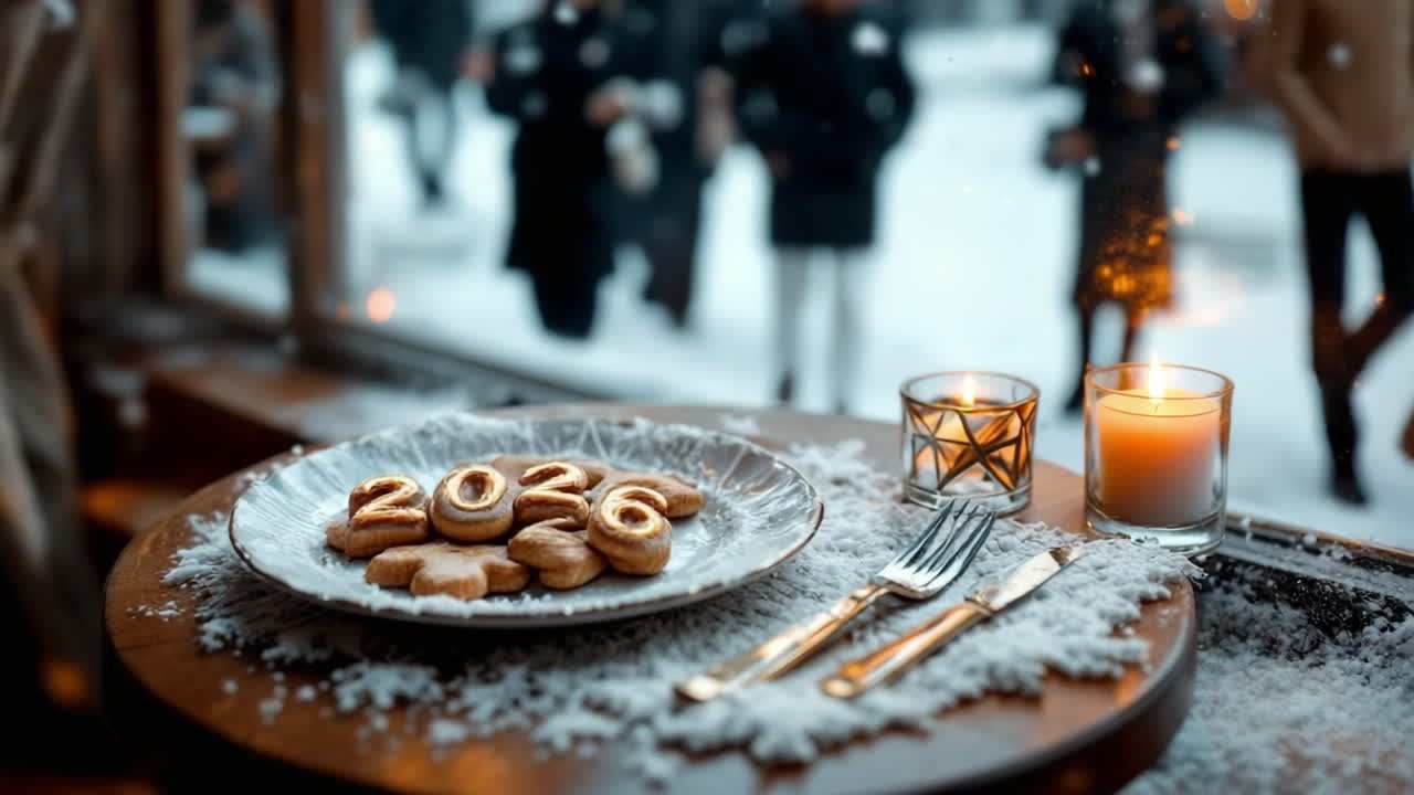 Festive table setting featuring cookies shaped as the year 2026, surrounded by snowflakes, a lit candle, and a cozy winter atmosphere, creating a warm and inviting holiday scene