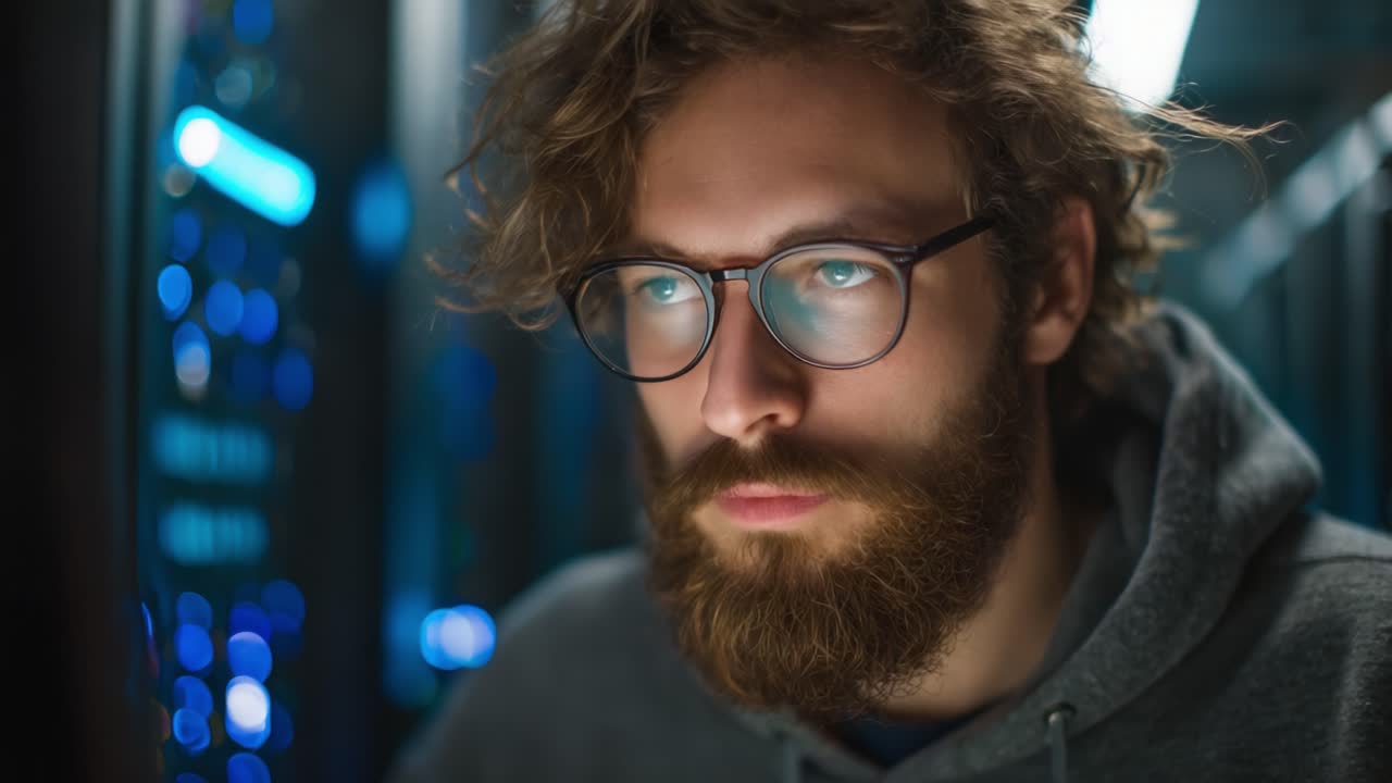 A Focused Individual Analyzes Data in a High-Tech Environment with a Server Background, Showcasing Concentration and Intelligence During a Late-Night Session