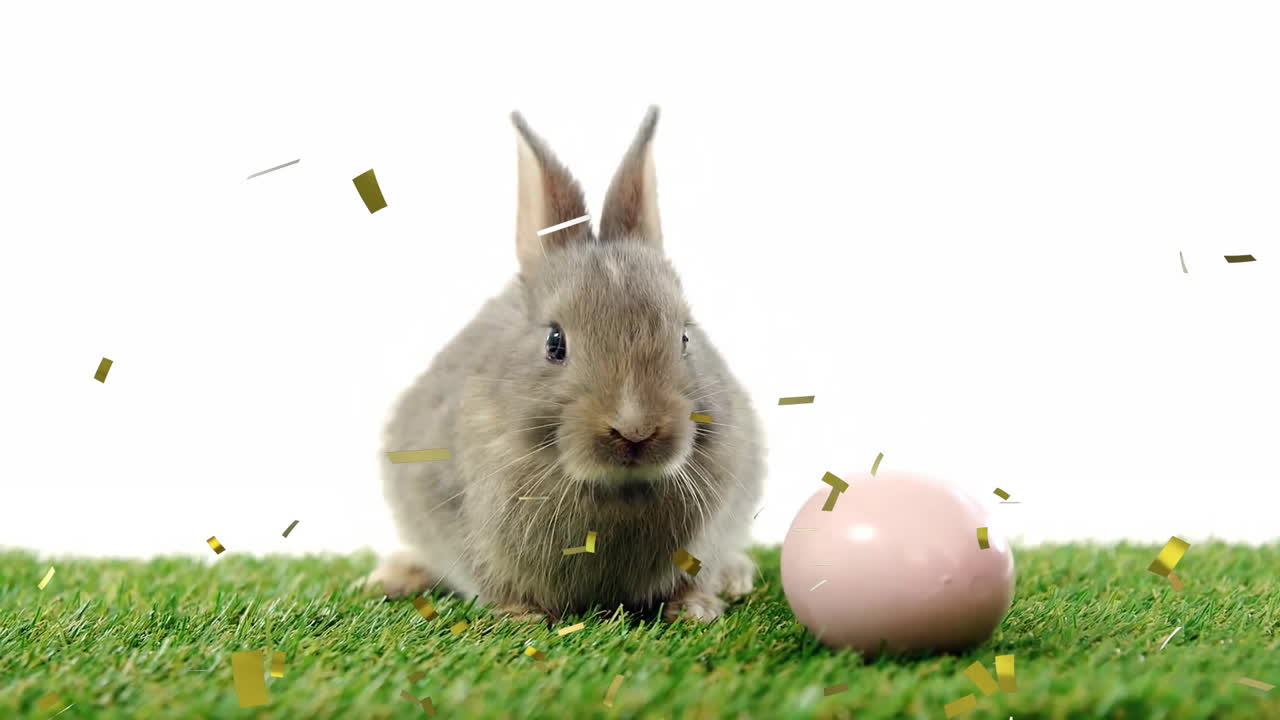 Animation of confetti falling over rabbit with egg on white background