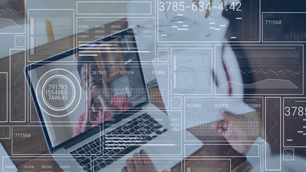 Digital data processing animation over person using laptop in modern office