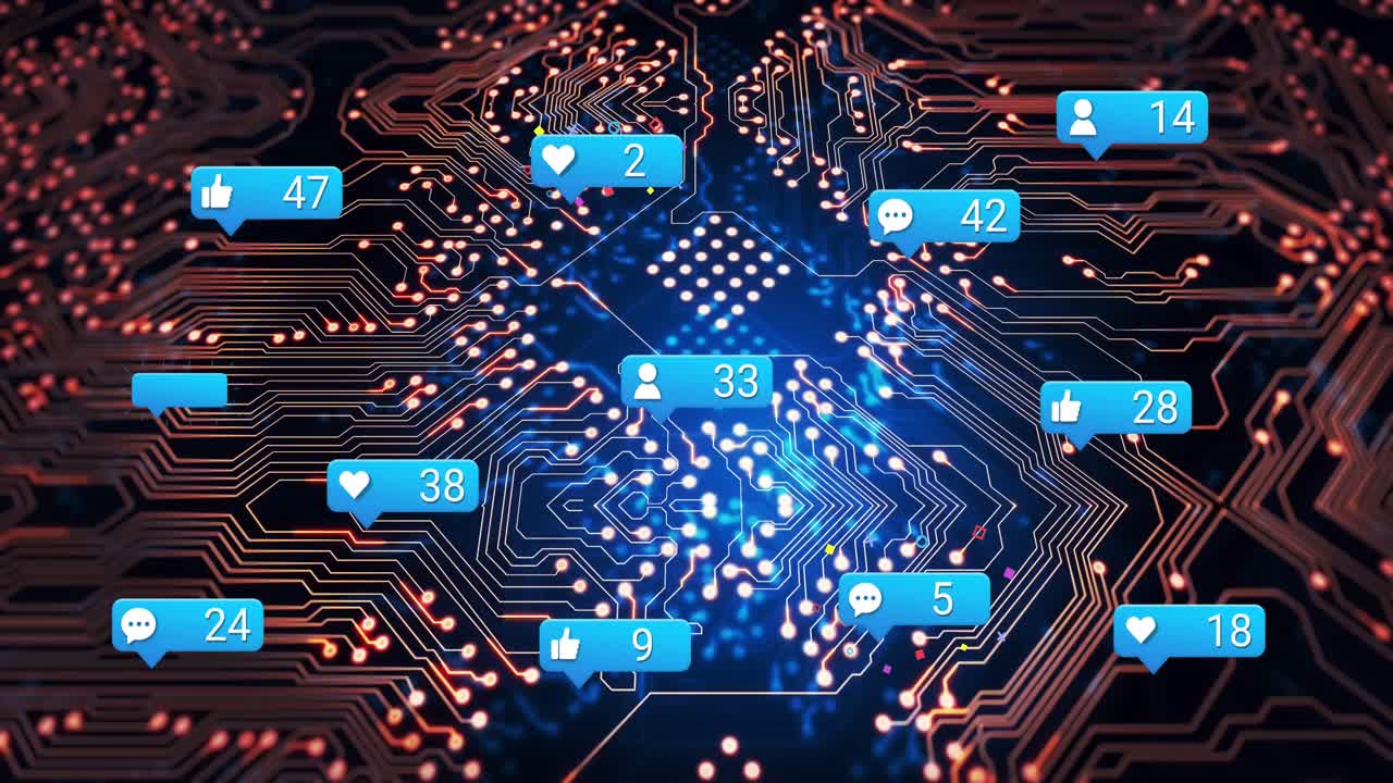 animación de iconos y números de redes sociales en una placa de circuitos informáticos