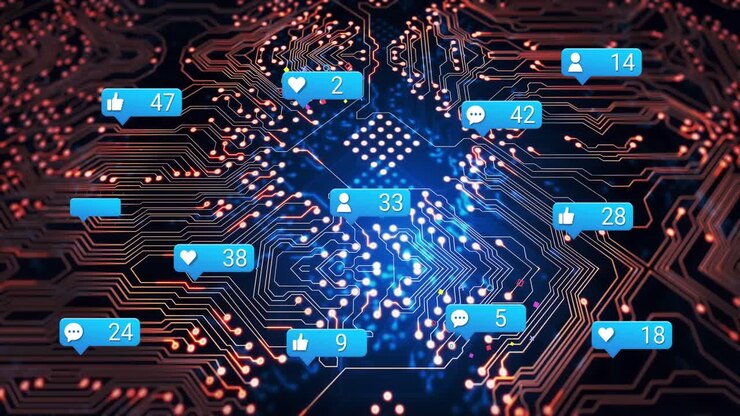 Animation of social media icons and numbers over computer circuit board