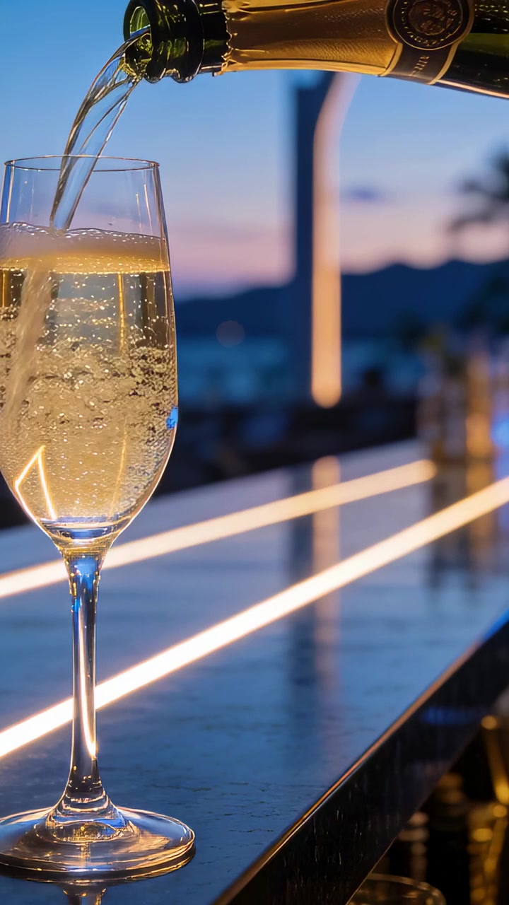 Vertikal video: Vippende champagneflaske hælder i højt champagneglas på havbar for at fylde, bobler stiger op
