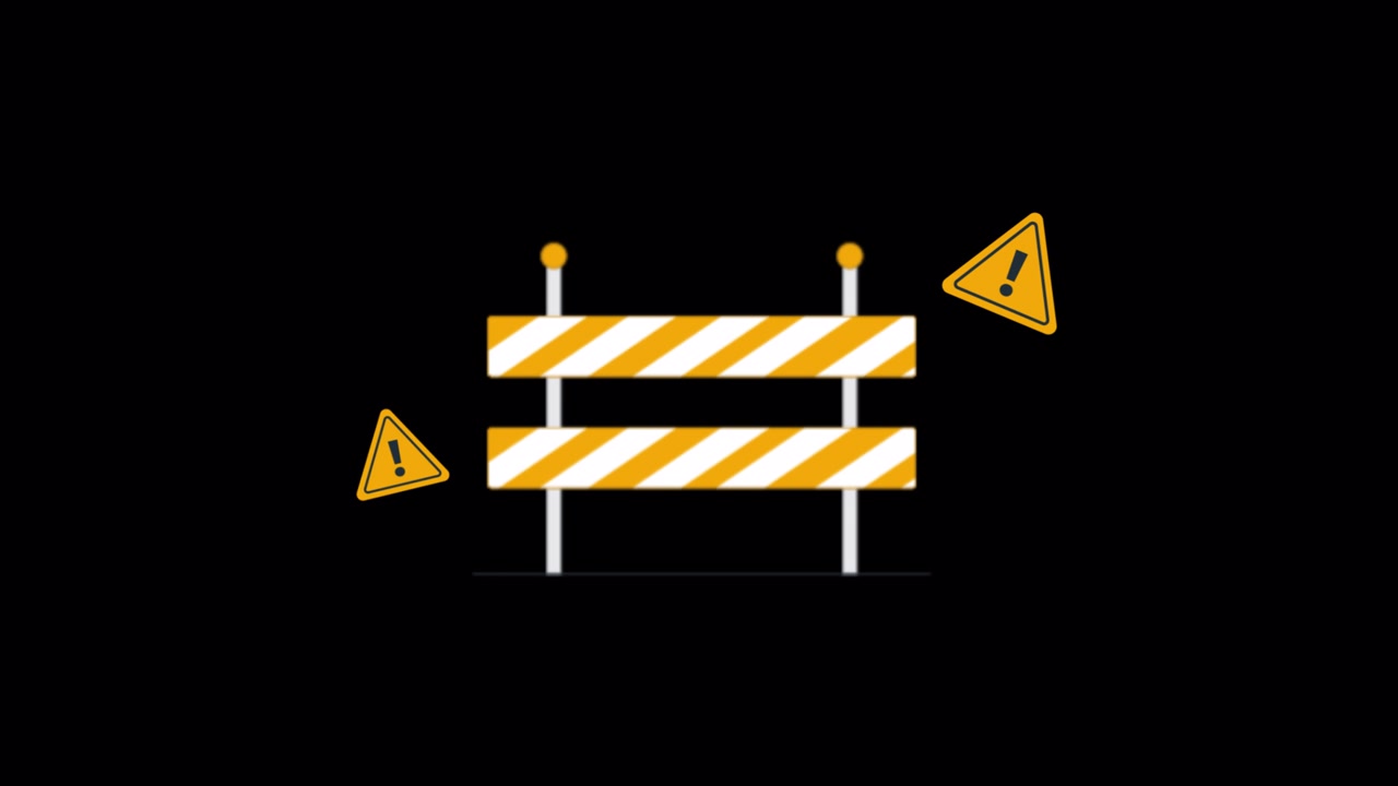Animated Road Barrier with Warning Signs on Black Background