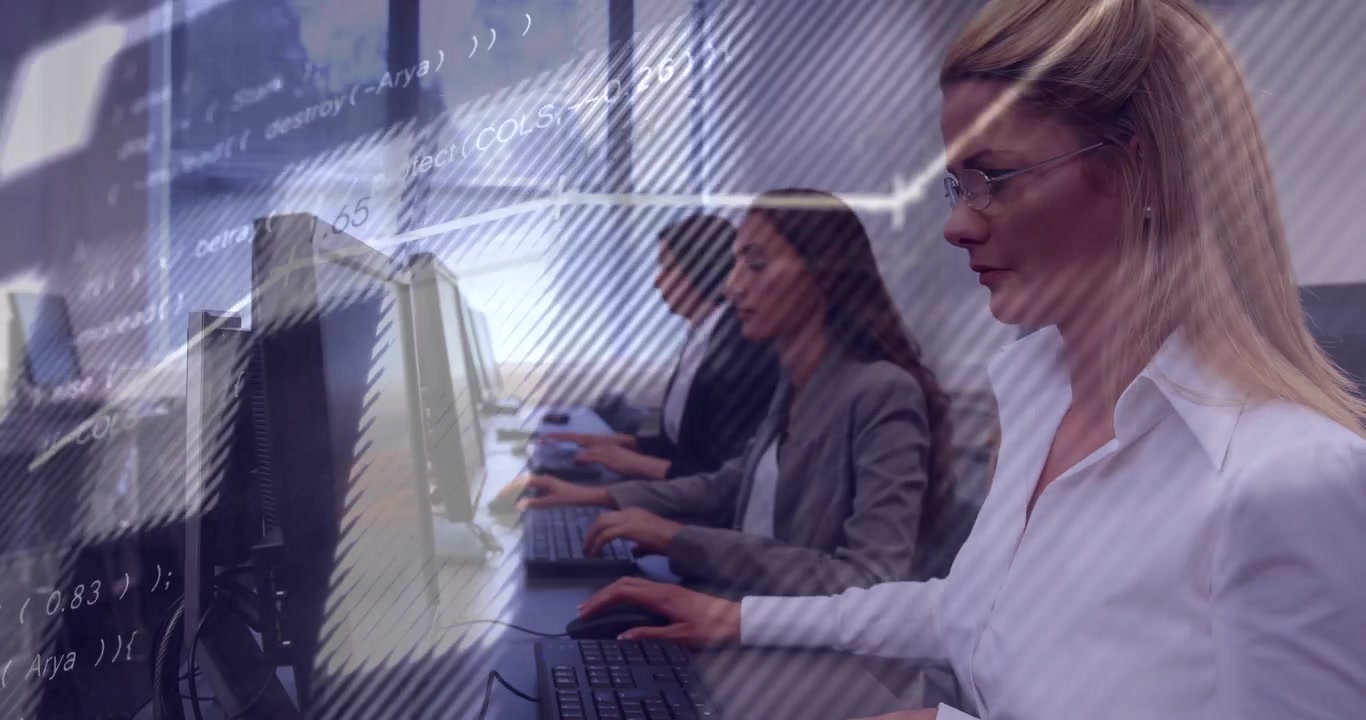 Rightmost woman typing as data initiating charts and code sweeping over monitors for analytics