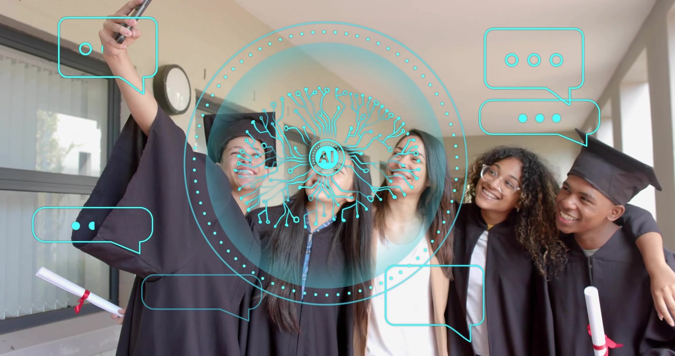 Gruppo di studenti che solleva lo smartphone scattando un selfie con il diploma, con sovrapposizioni animate di bolle di chat AI.