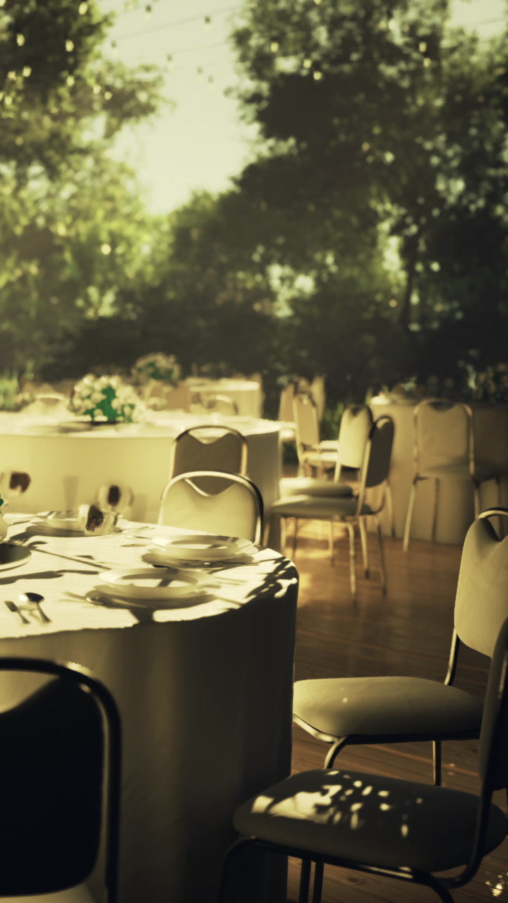 Outdoor event setup with tables and chairs in garden area during daylight