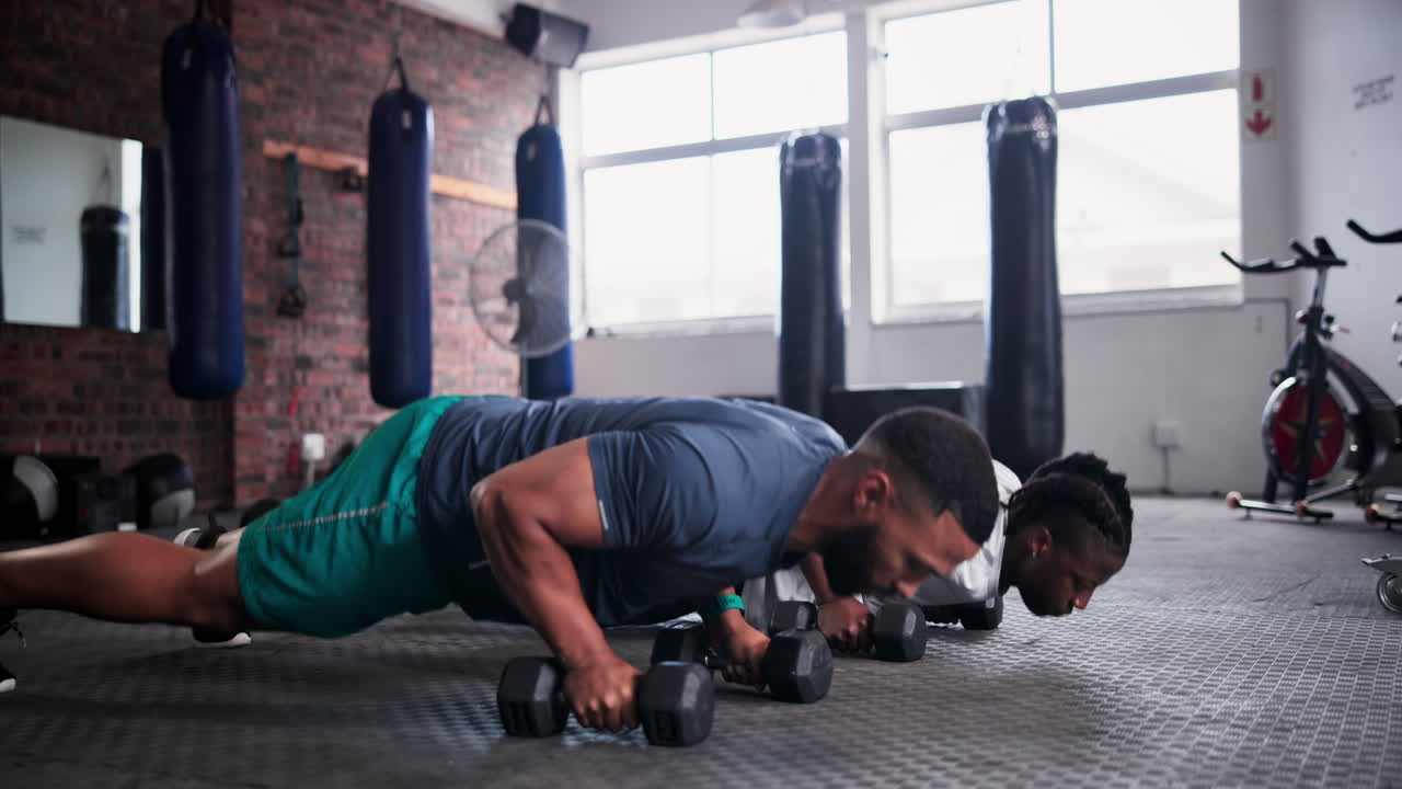 dos hombres haciendo flexiones con manivelas en un gimnasio