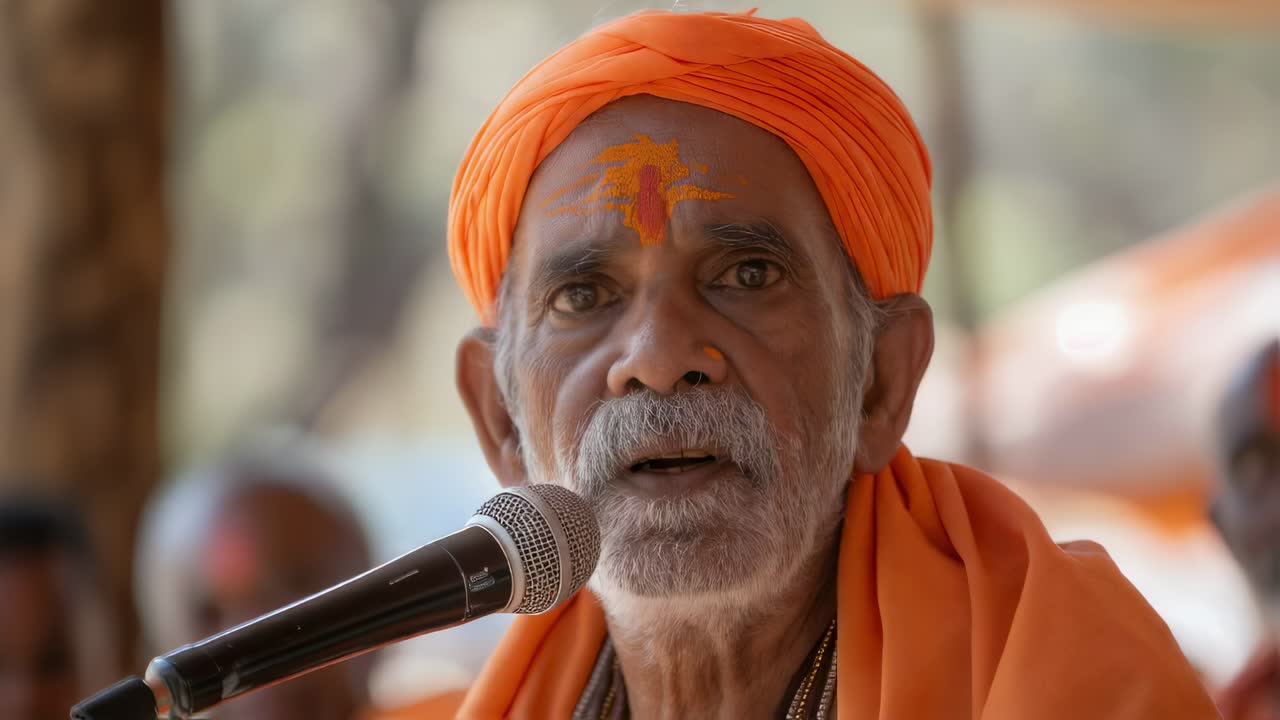 Senior religious leader speaking passionately into microphone, gesturing dramatically while addressing crowd during open air gathering, radiating wisdom and deep emotional connection
