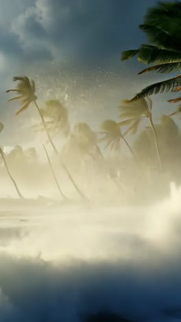 dramatic wave action against palm trees during a stormy evening