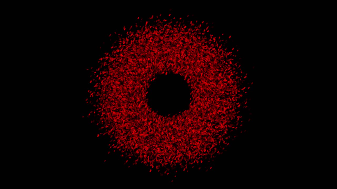 Dense ring of glowing red particles with subtle, slow swirling motion on black background. Abstract visual for space, science, or energy concepts. Seamless loop with copy space in center