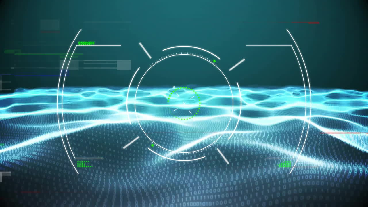 Digital grid landscape with target overlay and binary code animation