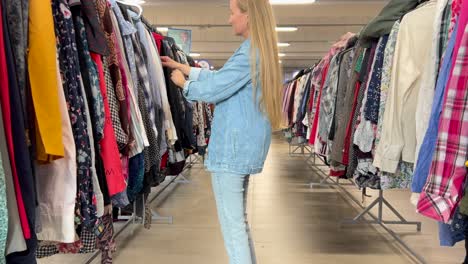 Concentrated Young Woman with Long Hair Looking at Clothes on Hangers in Thrift Store. Concentrated young woman with long hair looking at clothes on hangers in thrift store. Selection of used clothes