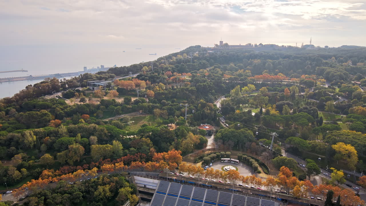 Aerial drone view of Barcelona city at daylight. Montjuic district. Spain