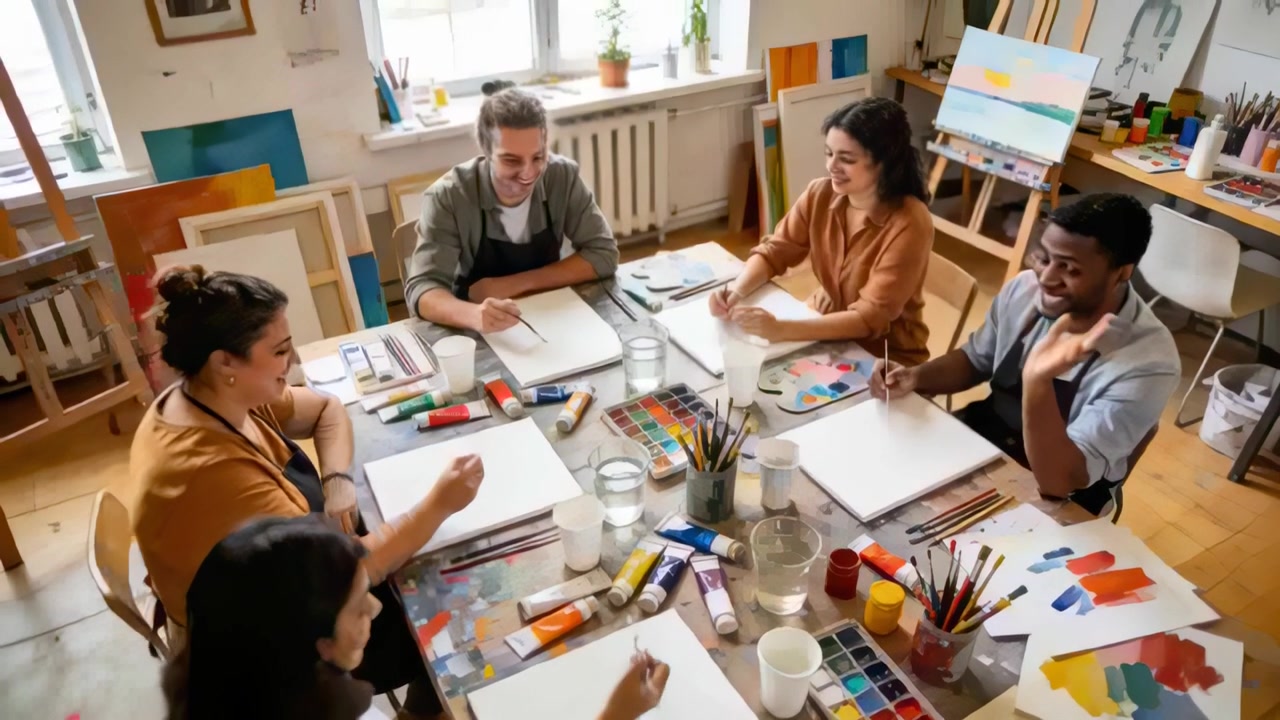 Discussing five adults starting painting at studio table, wearing aprons and holding brushes