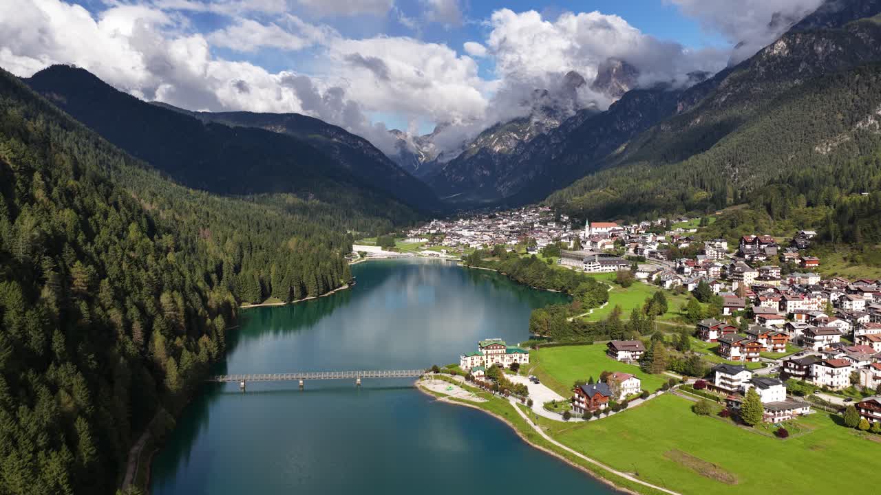 Lago di Santa Caterina and it's surroundings, at Auronza Belluno, Dolomites, Italy. Aerial video