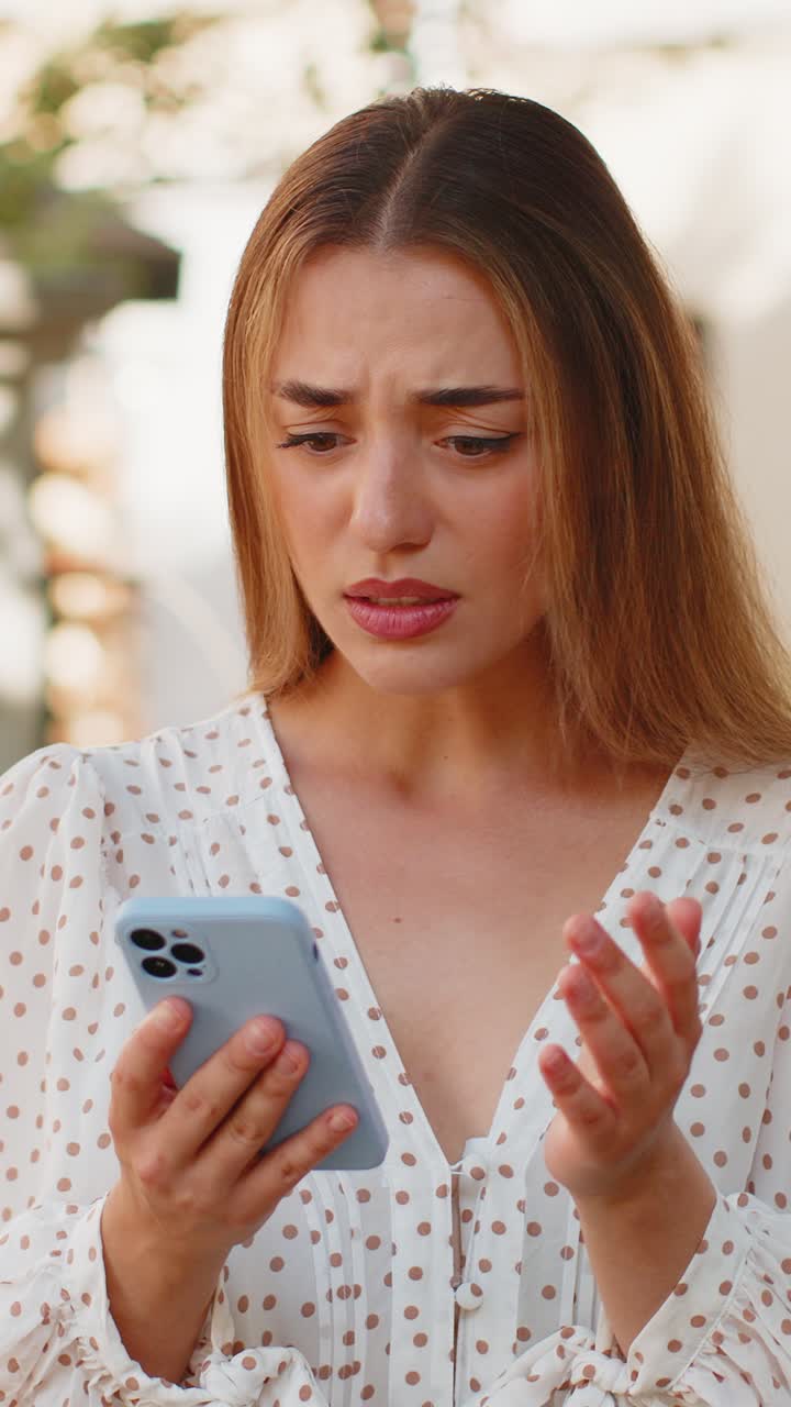 Woman using smartphone shock sudden lottery results bad news fortune loss app fail virus thief fraud