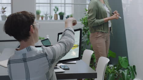 Mujeres-De-Negocios-Creativas-Que-Intercambian-Ideas-Sobre-Diseñadores-Que-Trabajan-Juntos-En-La-Estrategia-De-Desarrollo-De-Planificación-De-Proyectos-De-Diseño-Web-Utilizando-Ideas-De-Escritura-De-Investigación-En-Línea-En-Una-Pizarra-En-Un-Lugar-De-Trabajo-De-Oficina-Moderno