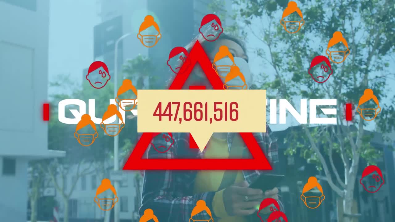 경고 삼각형과 얼굴 마스크를 입은 여성에 대한 코로나 19 데이터 처리 애니메이션