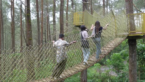 young asian friends crossing rope bridge in forest adventure