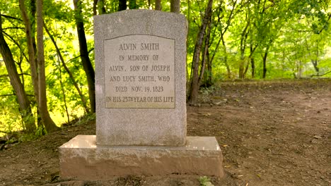 old gravestone of alvin smith in a wooded cemetery