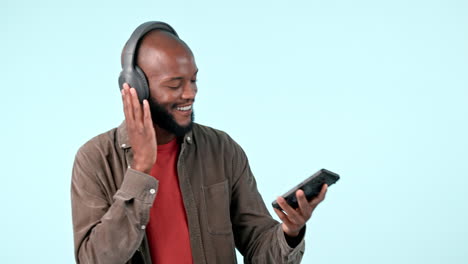 headphones, smartphone or happy black man