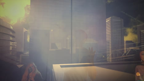 bandmates performing on rooftop stage, featuring audio waveform and music industry lens-flare icons