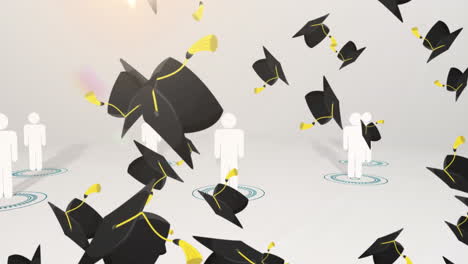 multiple graduation caps falling against multiple people icons maintain social distancing