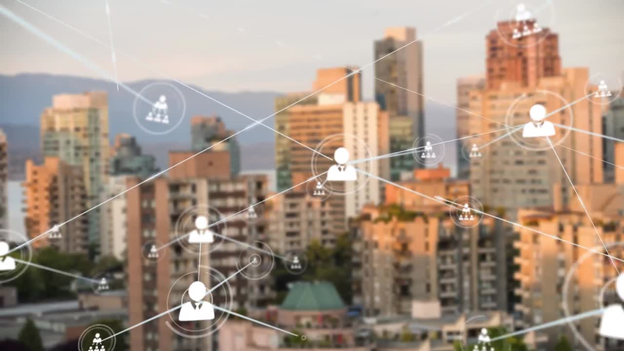 animación de una red de iconos de perfil frente a una vista aérea del paisaje urbano