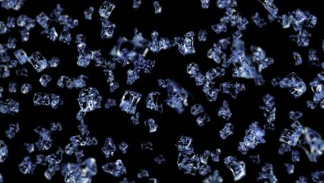 flying many clean ice cubes on black background. pieces of crushed ice, natural water. 3d animation of crushed ice rotating. loop animation.