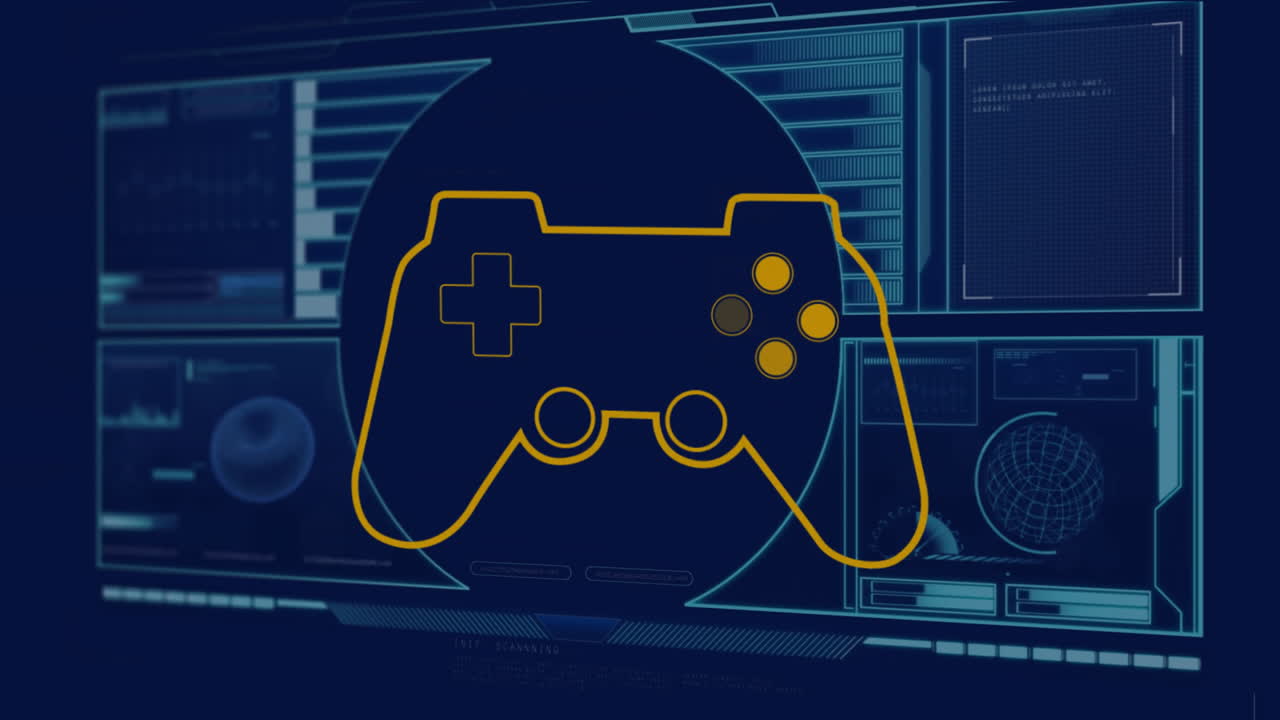 Animation of game controller icon on digital interface with futuristic design