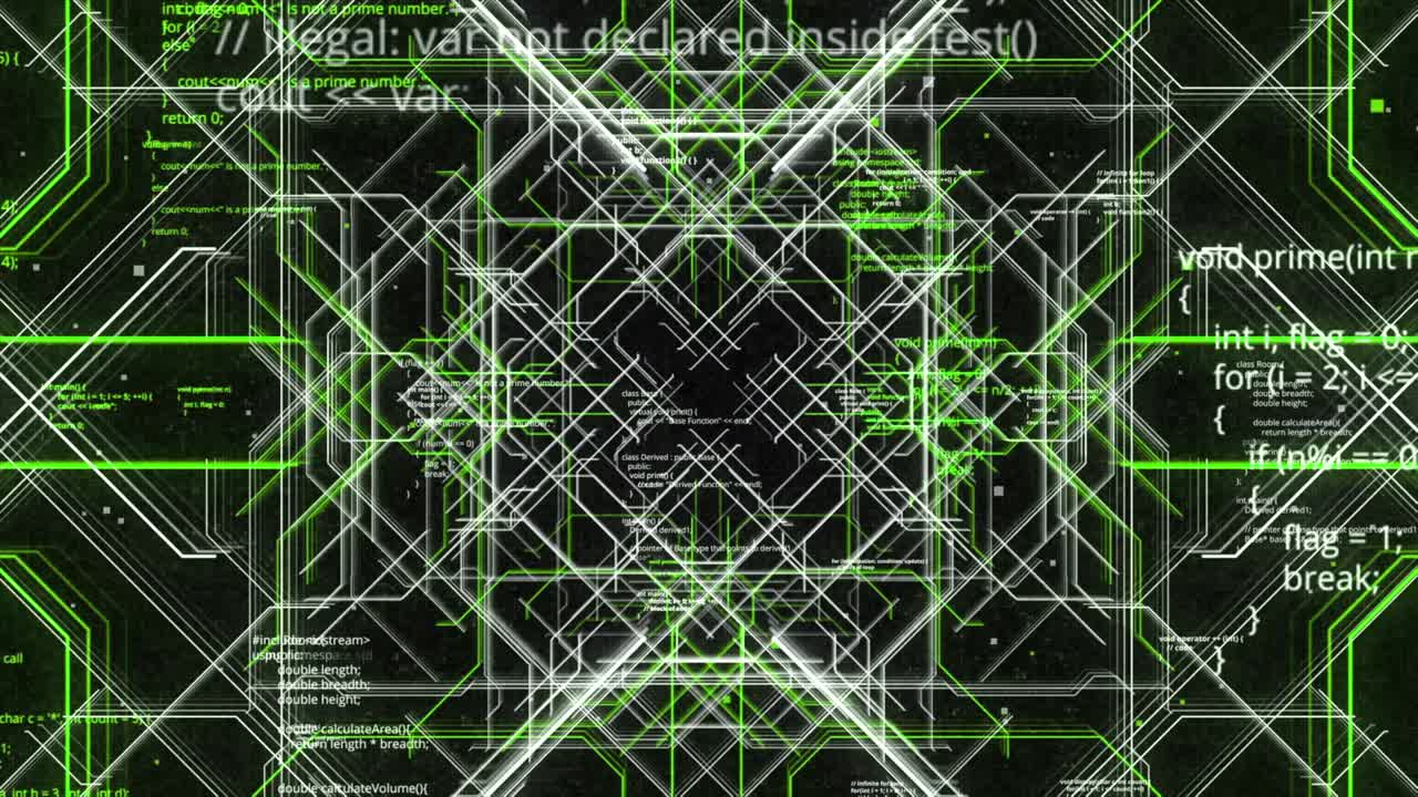 искусственный интеллект создает соединения белых и зеленых цветов, беспрепятственный цикл. анимация. абстрактные линии кода между движущимися зелеными и белыми полосами